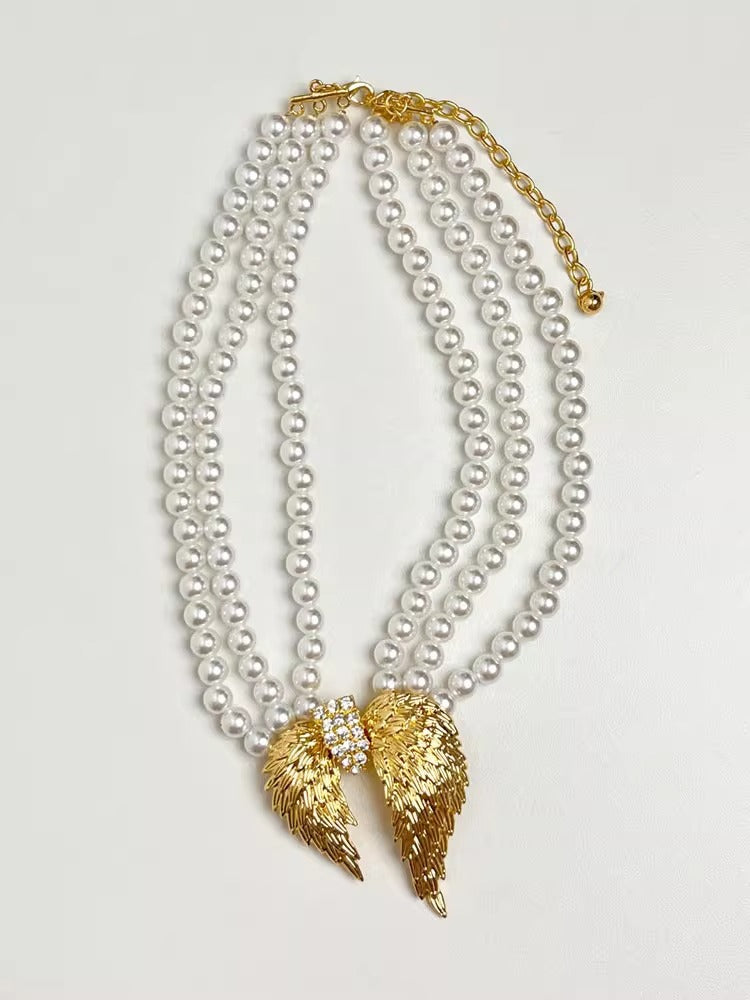 Divine Wings Pearl Choker Necklace – Angel Wing Statement Imitation Jewelry for Women