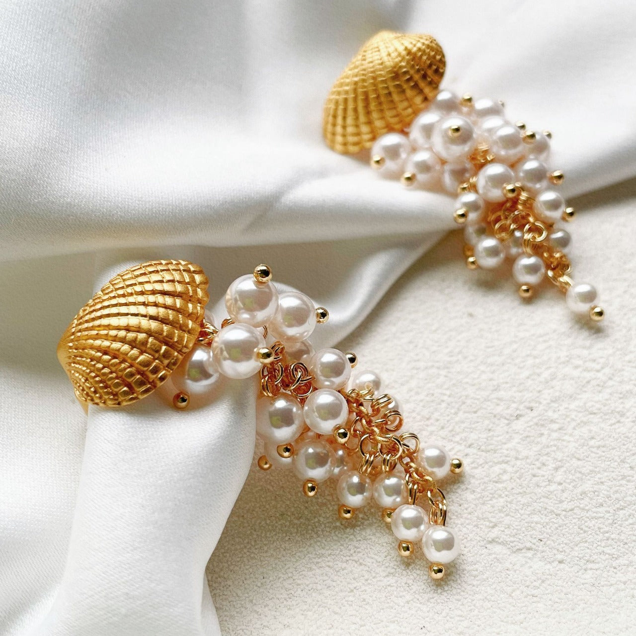 Gold Pearly Shells Earrings Statement Jewelry