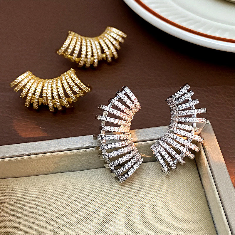 Radiant Fan-Shaped Silver Earrings – CZ Diamond Statement Imitation Jewelry