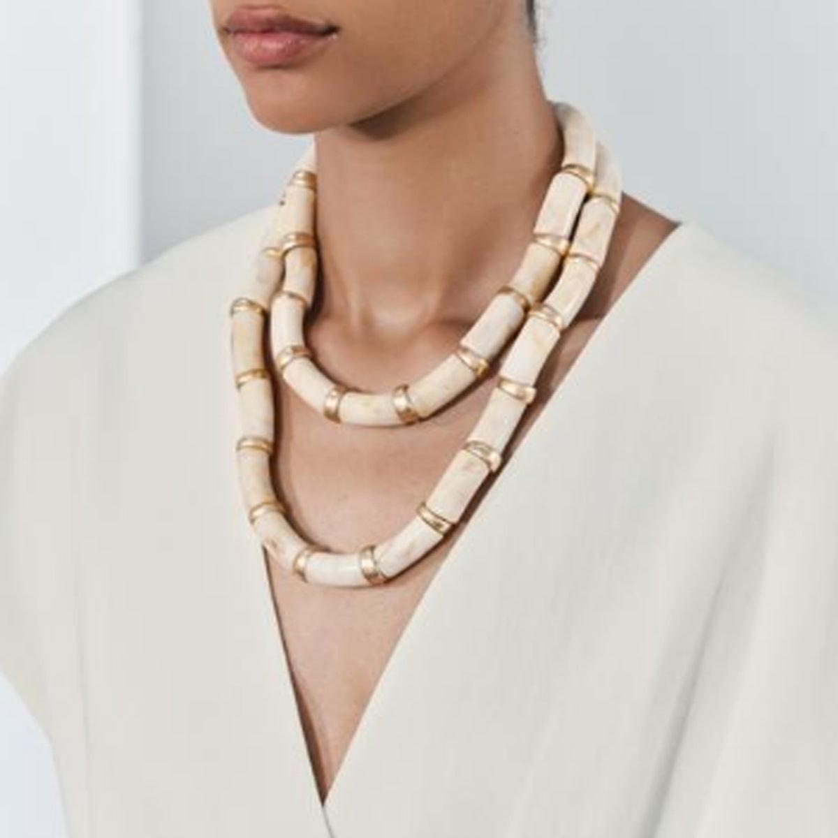 Cream Marble Collar Necklace – Dual-Strand Statement in Beads & Gold Accents