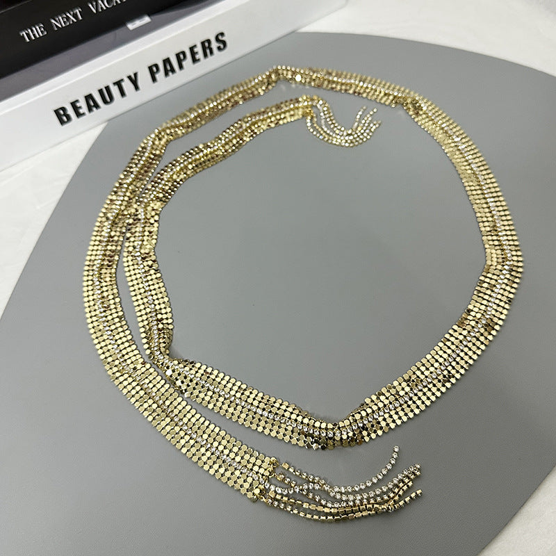 Golden Sequin Draped Choker Necklace – Statement Long Chain Layered Jewelry