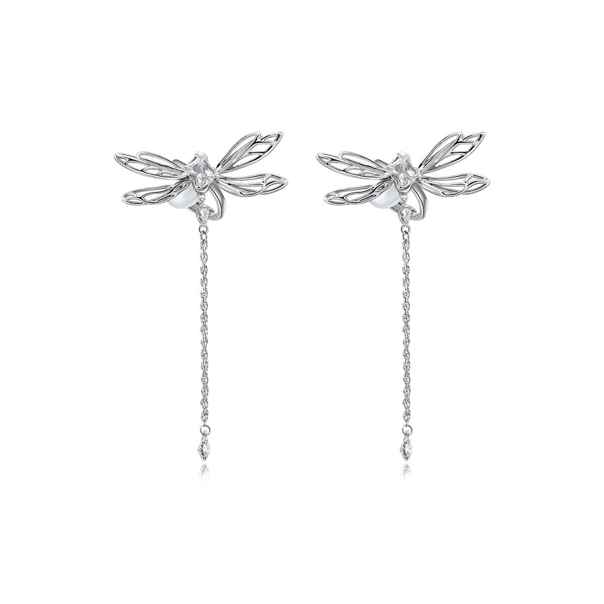 Iris Dragonfly Drop Earrings – Silver Wings & Gemstone Chain Dangle