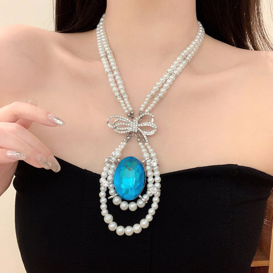 Royal Blue Crystal Pearl Necklace – Bow Design Statement Choker for Women | Anti-Tarnish Imitation Jewelry