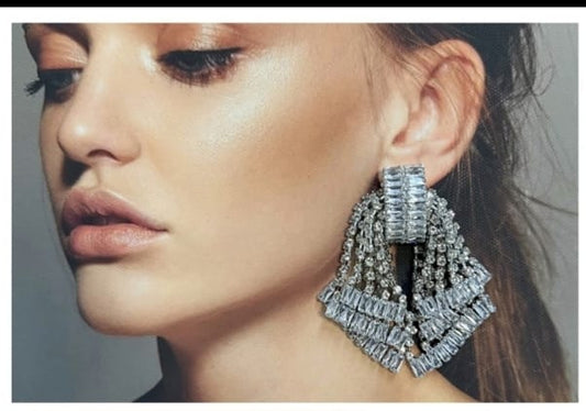 Crystal Cascade Bow Statement Earrings – Silver Finish