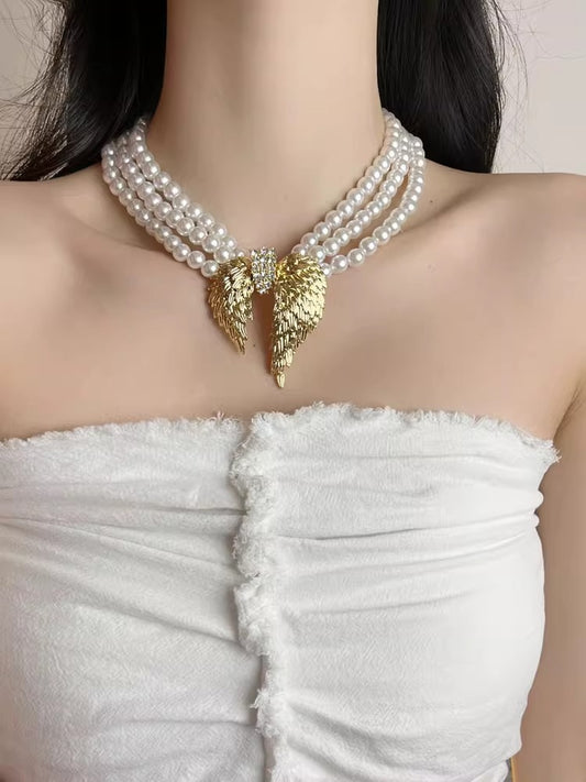 Divine Wings Pearl Choker Necklace – Angel Wing Statement Imitation Jewelry for Women
