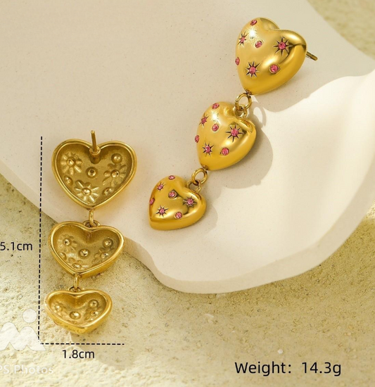 Pink Hue Heart Earrings - Gold Drop Studs with Floral & Star Accents  Lightweight Statement Jewelry