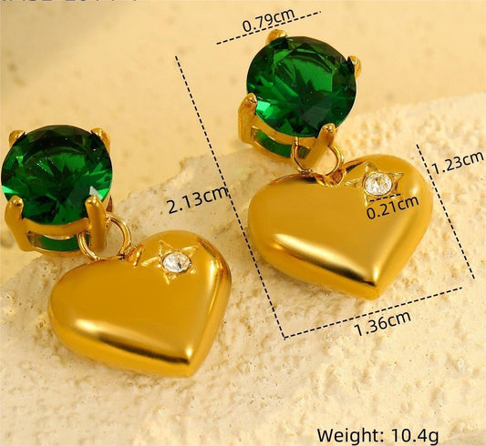 Emerald Heartbeam Earrings – Gold Heart Studs with Green Crystal & Embedded Gem  Lightweight Statement Jewelry