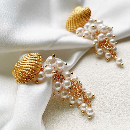 Gold Pearly Shells Earrings Statement Jewelry