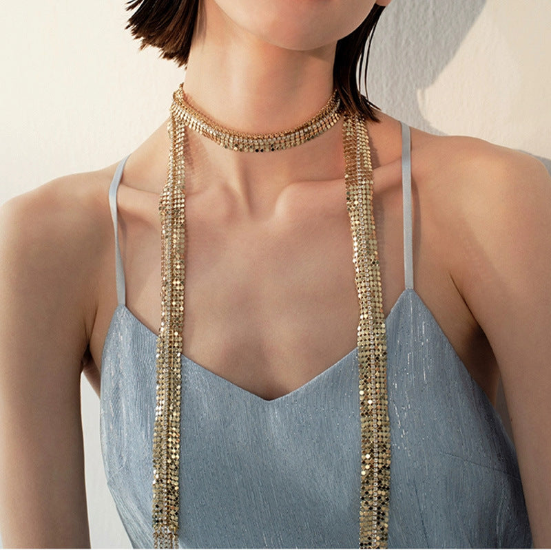 Golden Sequin Draped Choker Necklace – Statement Long Chain Layered Jewelry.