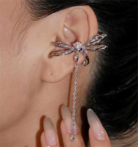 Iris Dragonfly Drop Earrings – Silver Wings & Gemstone Chain Dangle