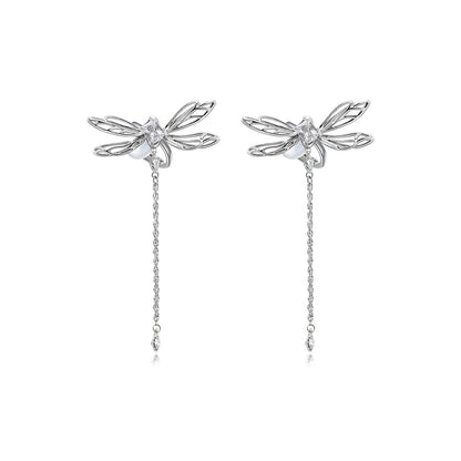 Iris Dragonfly Drop Earrings – Silver Wings & Gemstone Chain Dangle